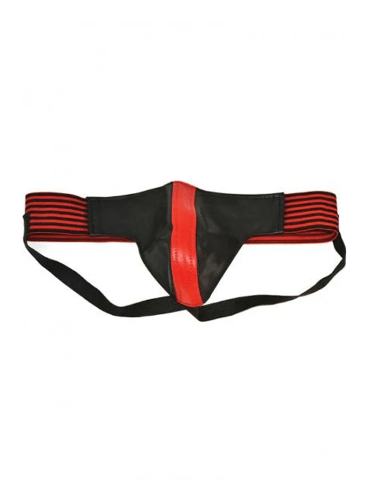 Leather Jock Strap With Stripe Black & Red Medium