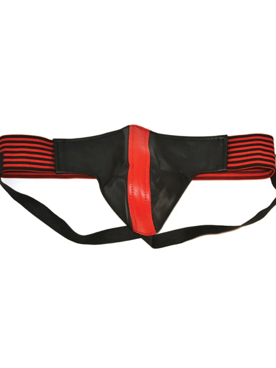 Leather Jock Strap With Stripe Black & Red Large
