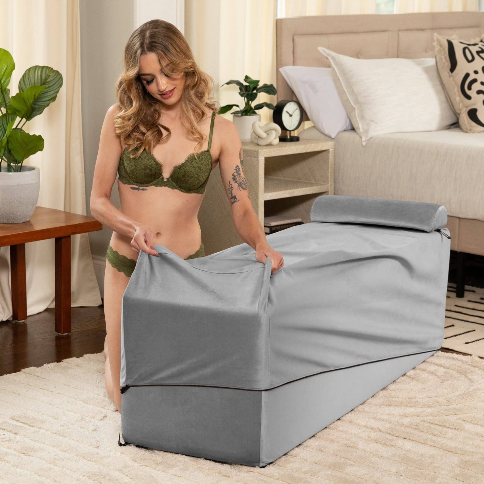 Aria Flip Chaise 18 Inch Wide - Convertible Sex Chair and Bed Bench, Grey - Image 4