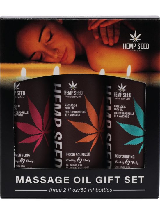 Hemp Seed Massage & Body Oil Trio Gift Set Summer 2025 includes 1 of each: 2oz Body Surfing, Fresh Squeezed, Summer Fling