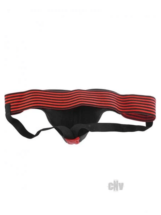 Leather Jock Strap With Stripe Black & Red Extra Large