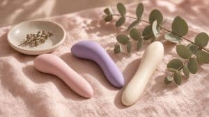 Three pastel personal massagers on blush linen
